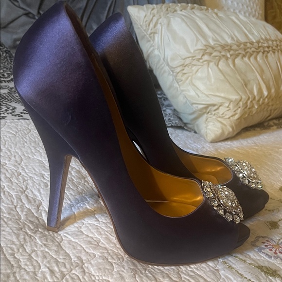 Badgley Mischka Purple Satin Heels with Crystal Embellishment - Picture 5 of 8
